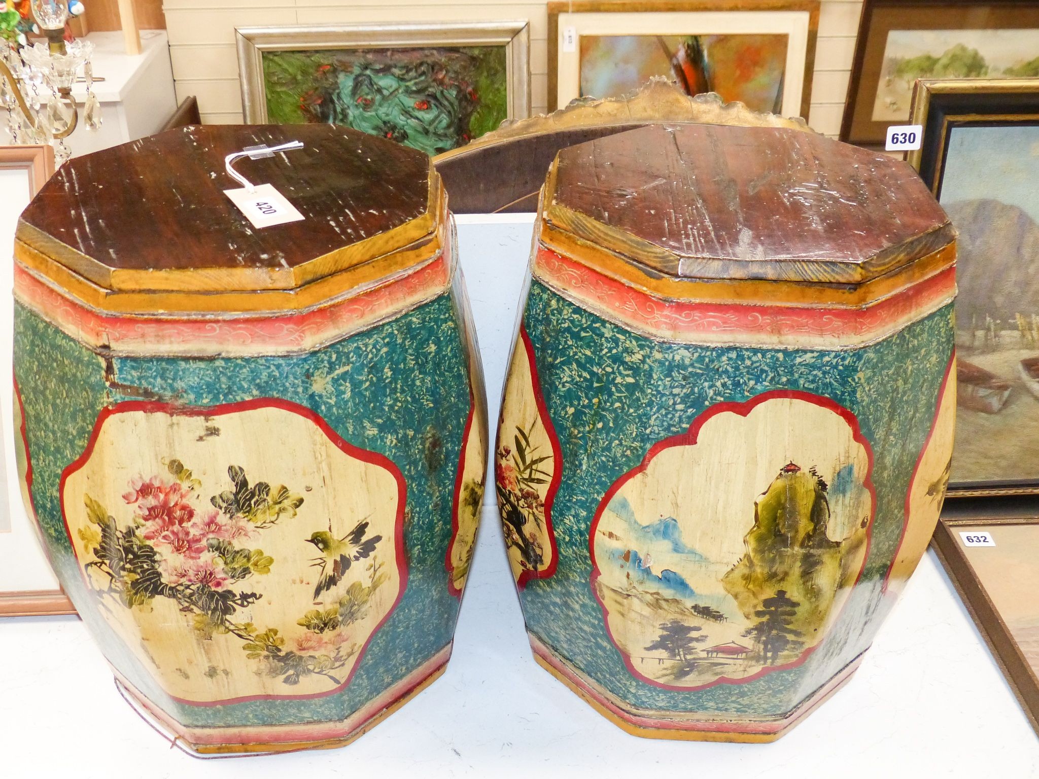 A pair of Chinese painted wood octagonal rice bins 45cm